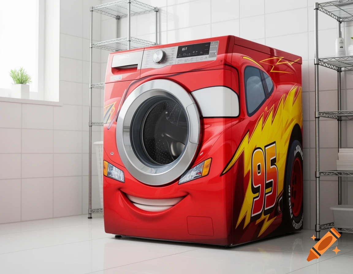 A vibrant red washing machine designed like Disney's Lightning McQueen, featuring a smiling face and '95' on its side, in a white tiled laundry room.