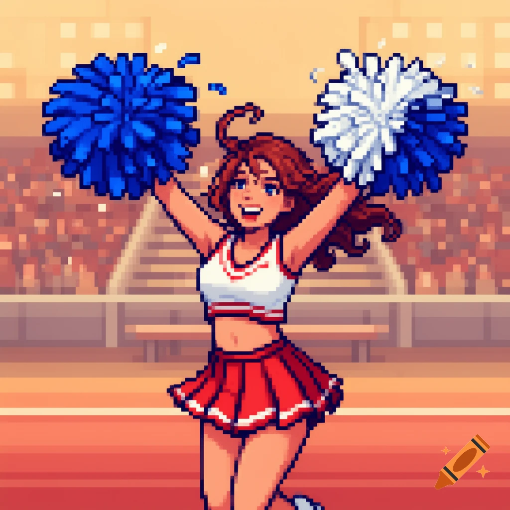 Pixel art of a cheerful cheerleader in a red and white uniform, holding blue and white pom-poms at a stadium.