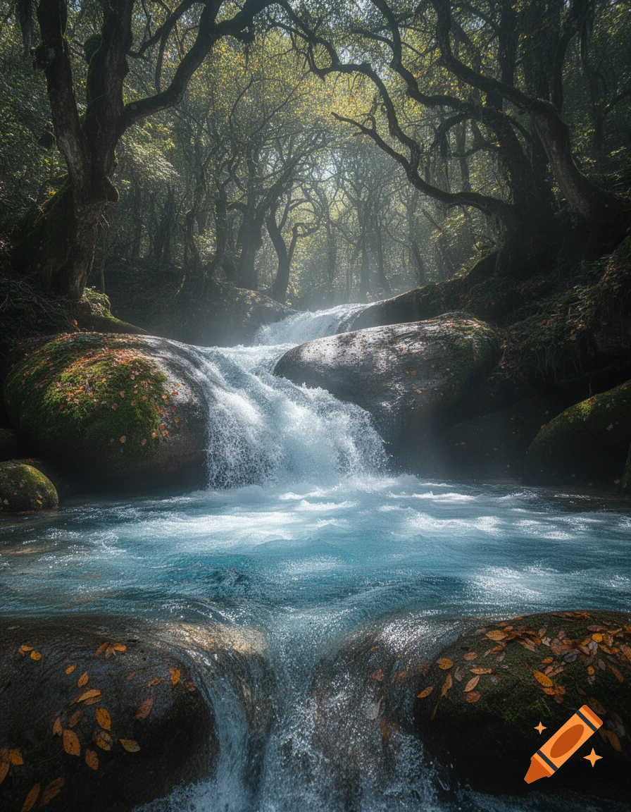 A beautiful forest scene with a multi-tiered waterfall cascading over mossy rocks into a bright blue stream.