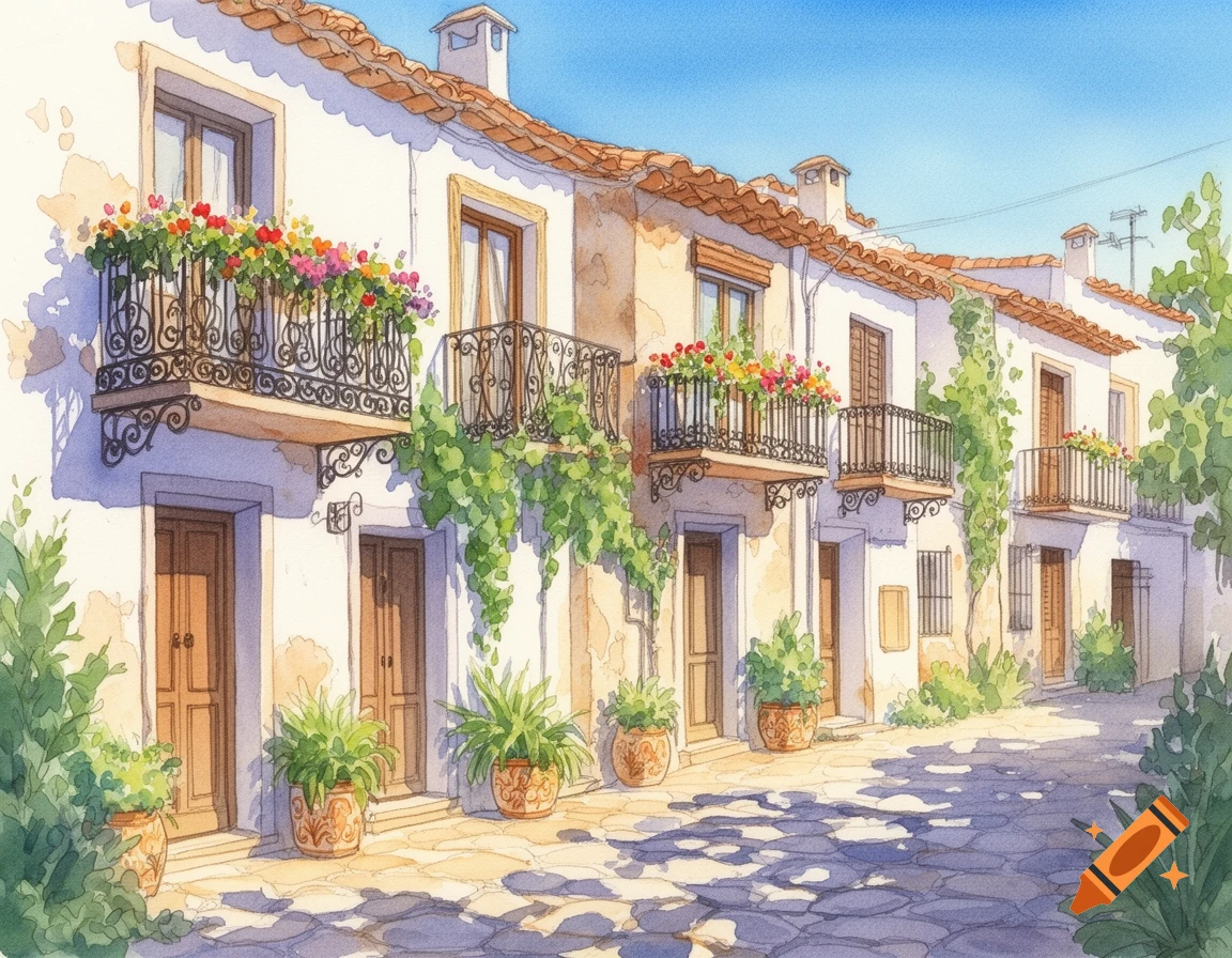 Watercolor illustration of white houses with terracotta roofs, flower-filled balconies, and potted plants on a sunny, cobbled street.
