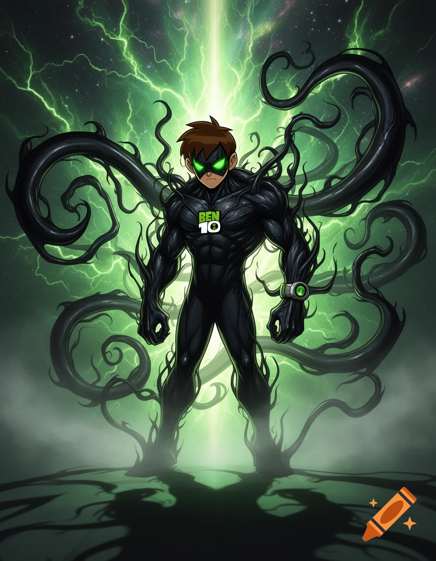 Venomized Ben 10 character with glowing green eyes and watch, surrounded by dark tendrils and green lightning against a starry background.