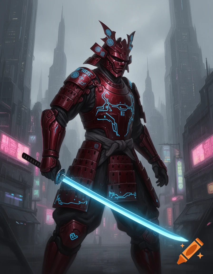 A red futuristic samurai in tech armor stands in a cyberpunk city holding a glowing blue sword.