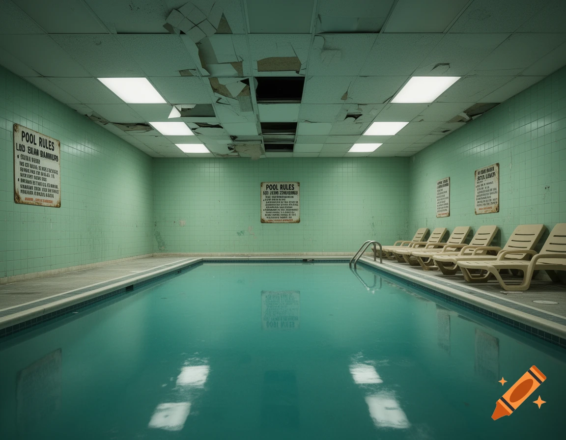 A dimly lit, abandoned indoor swimming pool with mint green tiled walls, a dilapidated ceiling, and empty lounge chairs.