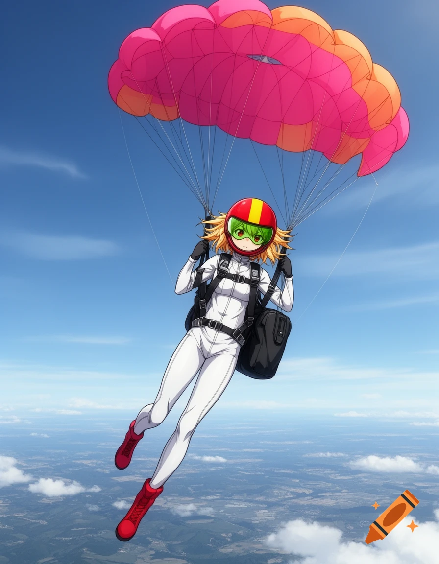An anime girl in a white flight suit, red helmet with green visor, and red boots, parachutes with a pink and orange chute in a blue sky.