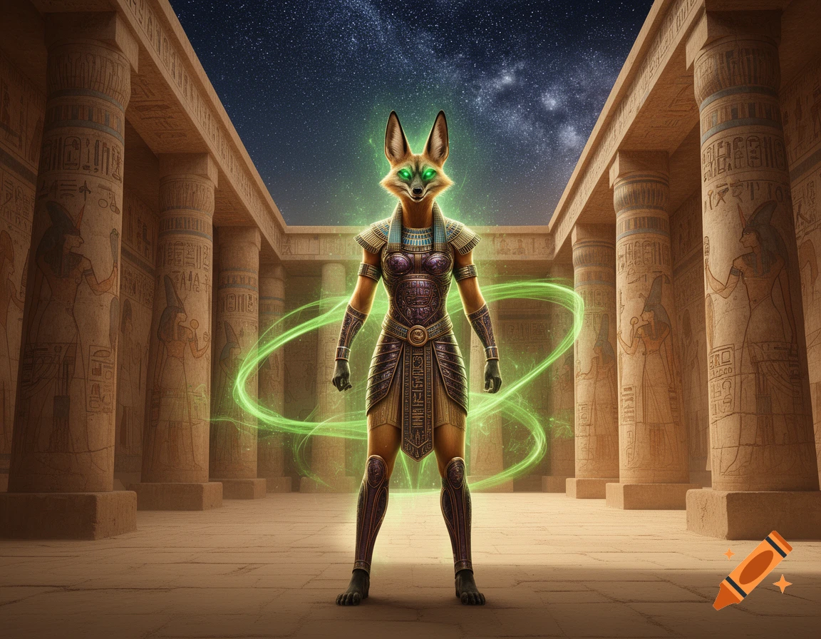 An armored, anthropomorphic jackal goddess with glowing green energy stands in an ancient Egyptian temple under a starry night sky.