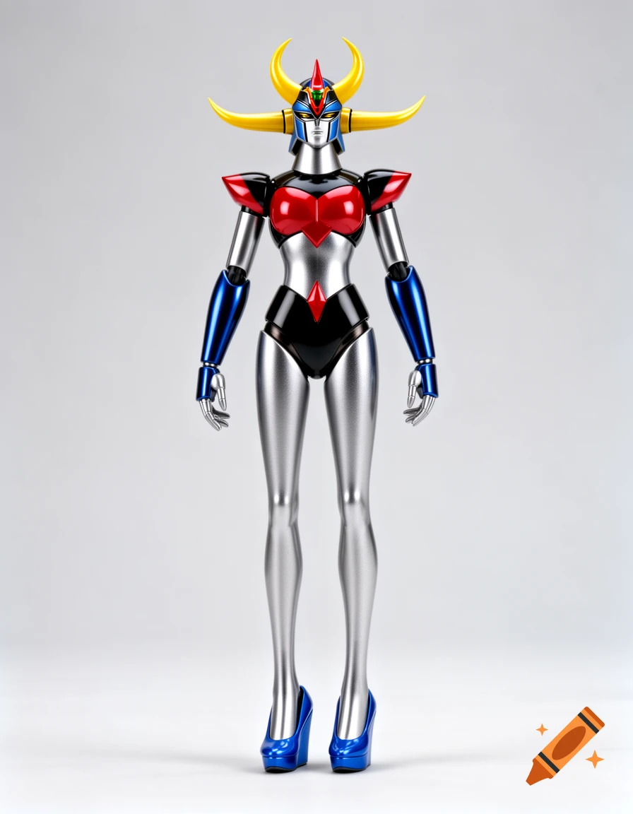 A full-body shot of a silver, black, red, and blue feminized robot with yellow crescent horns, standing on a light gray background.