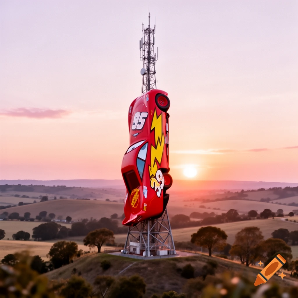 A giant red Lightning McQueen car statue is inverted on top of a radio tower against a sunset over a rolling green landscape.