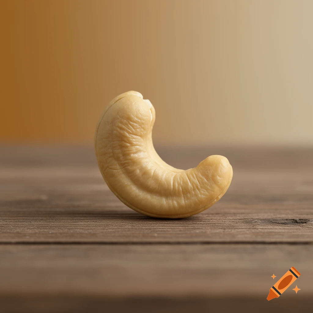 A single, light-colored cashew nut resting on a rustic wooden surface against a blurred warm background.