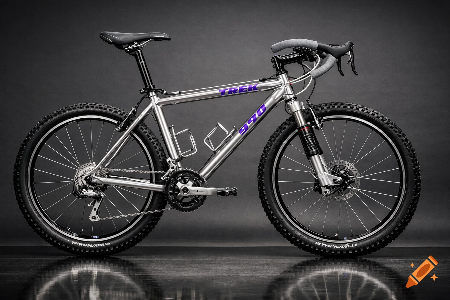 Professional studio photo of a silver Trek 970 mountain bike with purple decals on a reflective floor.