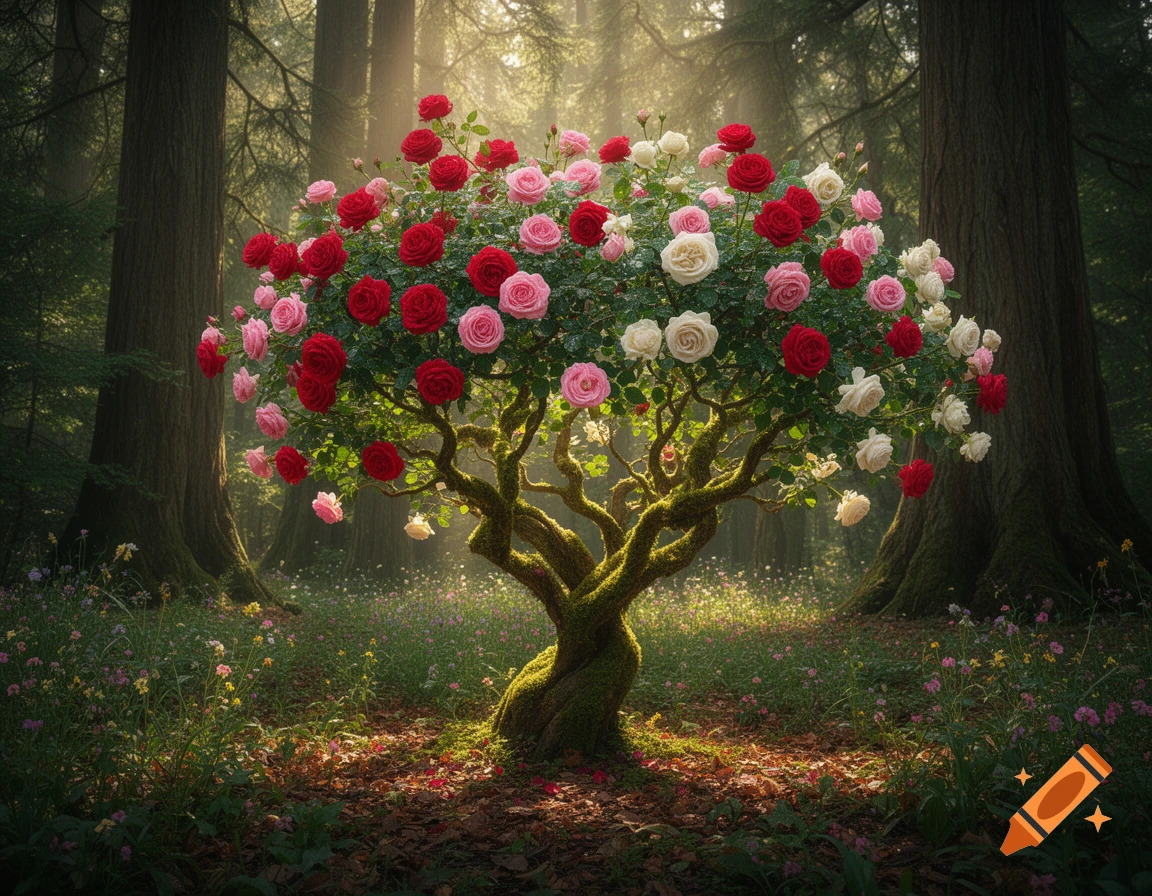 Tree With Roses Dark A vibrant rose tree with red, pink, and white blossoms in a sunlit ...