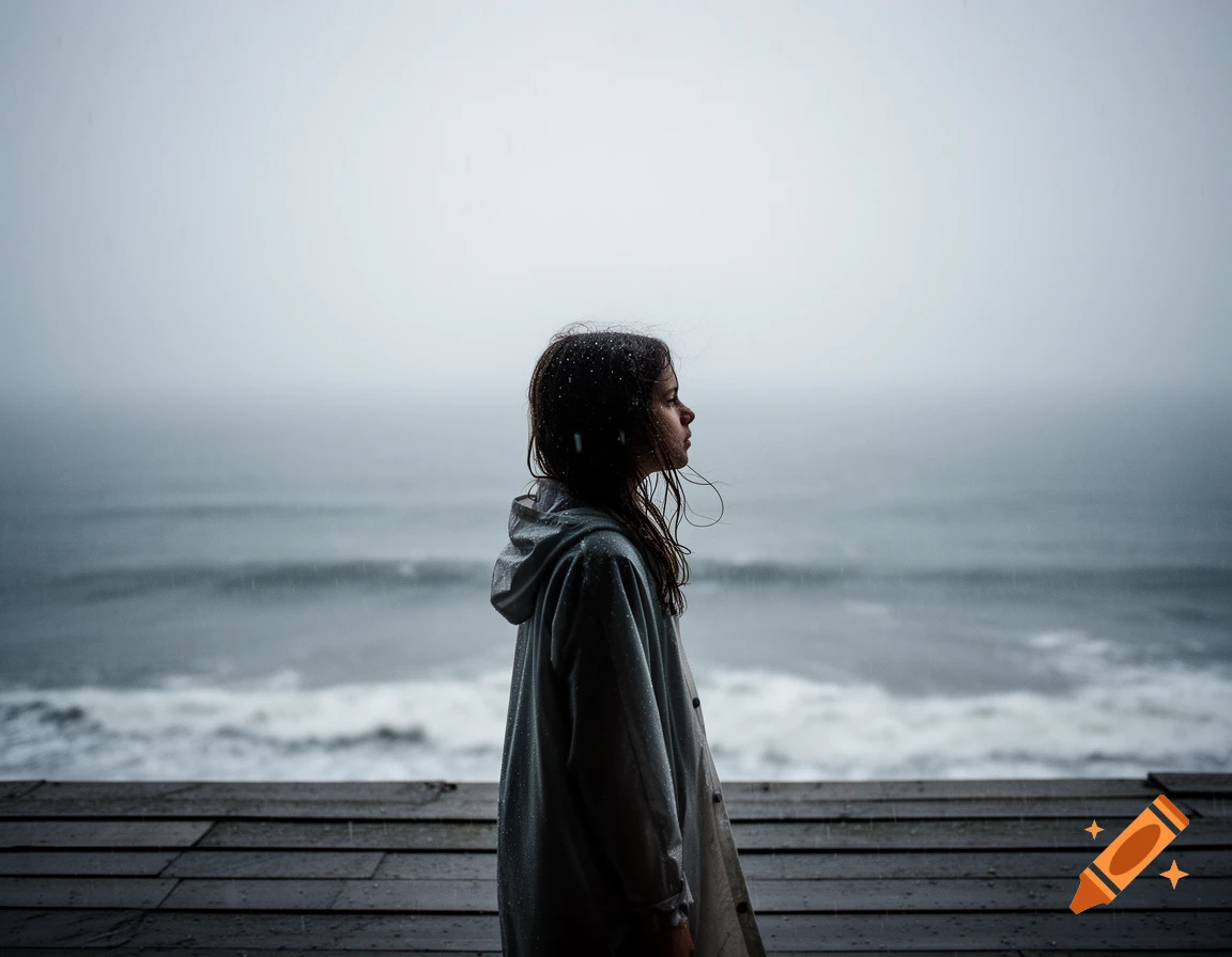 A young girl in a rain jacket looks out at a vast, misty sea from a wooden deck during a rainy day.