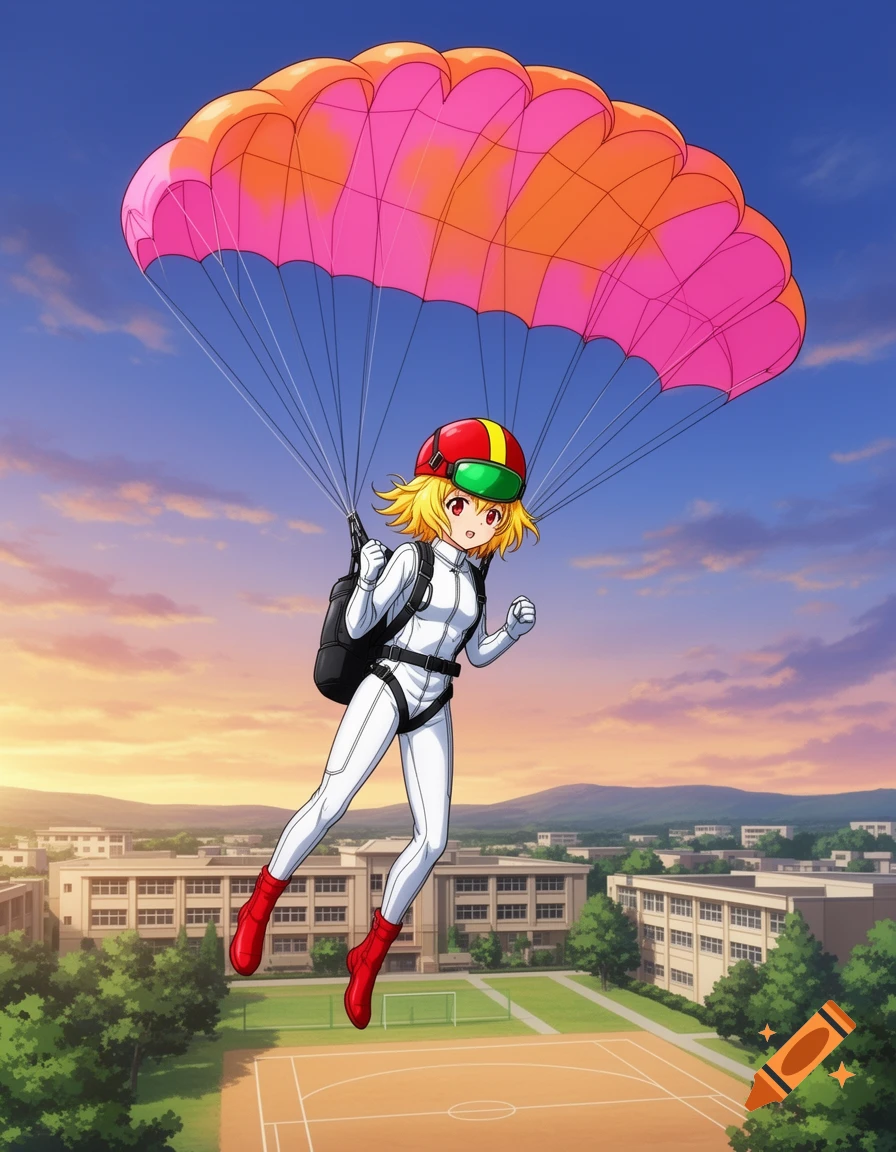 An anime girl with blonde hair and red eyes, wearing a white flight suit and red boots, parachutes with a pink and orange chute over a school at sunset.