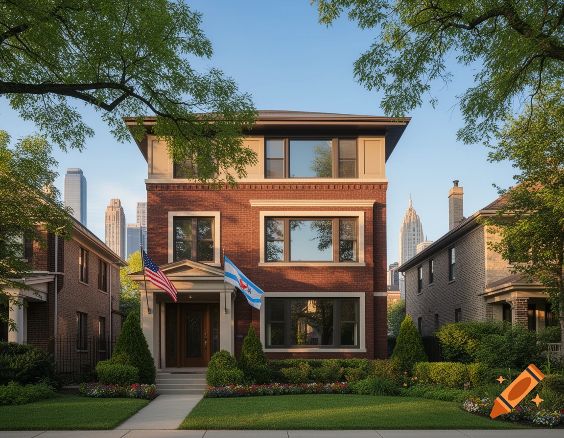 Photorealistic image of a three-story brick house with an American and Chicago flag, lush lawn, and city skyline in the background.