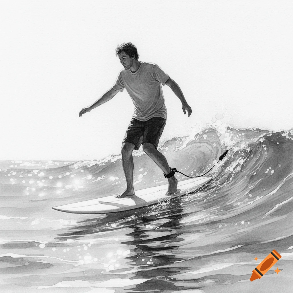 A black and white watercolor illustration of a male surfer on a surfboard, balancing on a wave under a bright sky.