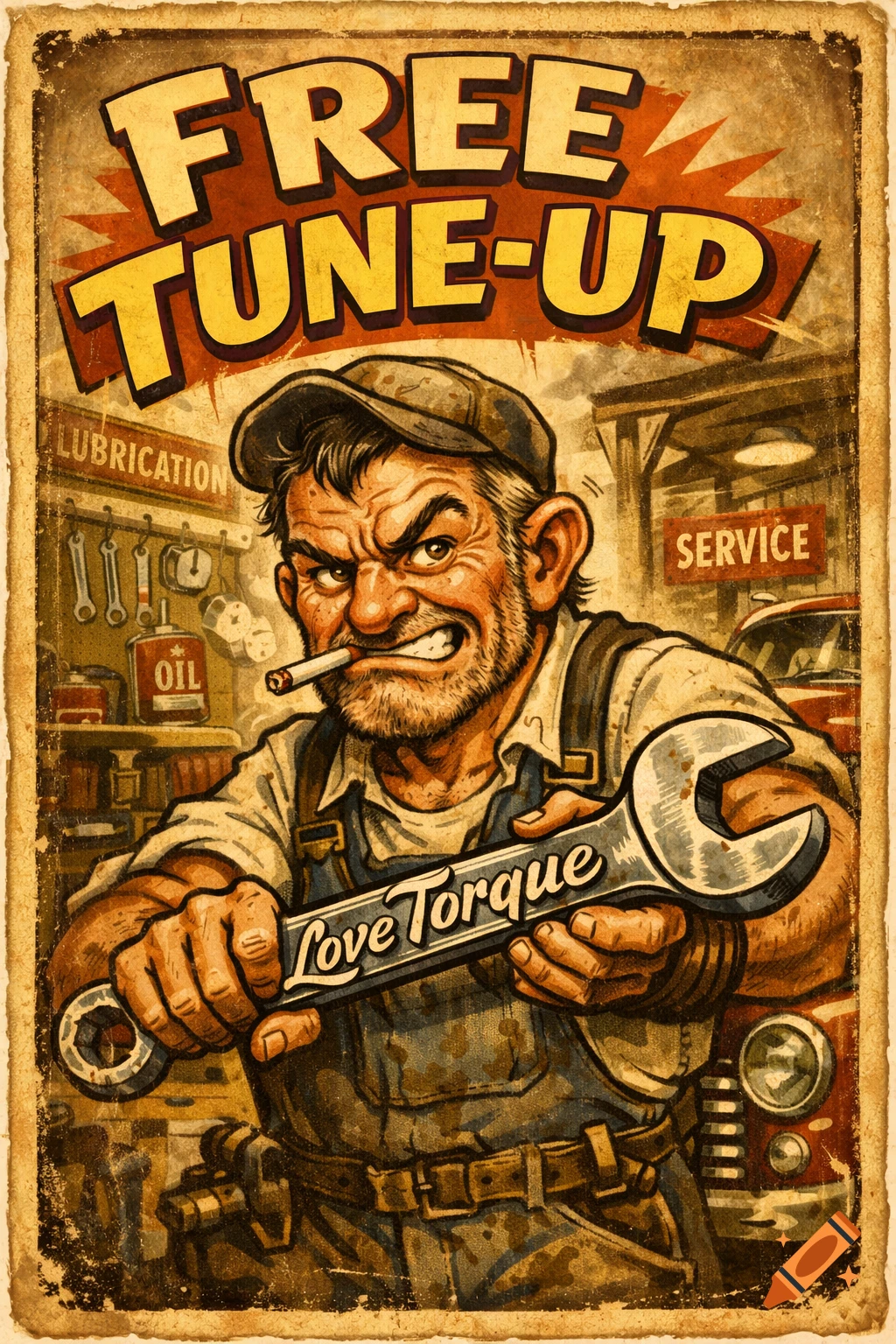 A vintage-style cartoon poster shows an angry mechanic holding a wrench, advertising a free tune-up.