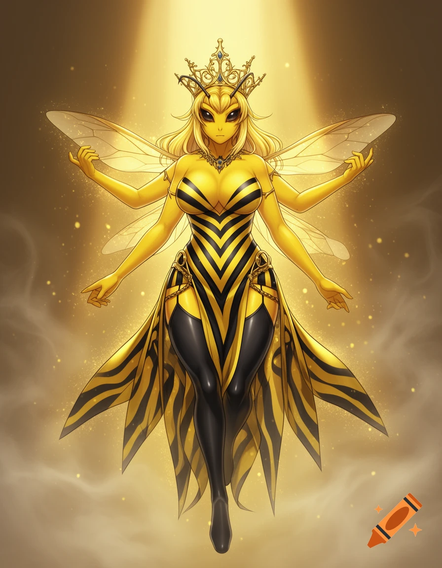 Full-body anime-style female bee queen with blonde hair, compound eyes ...