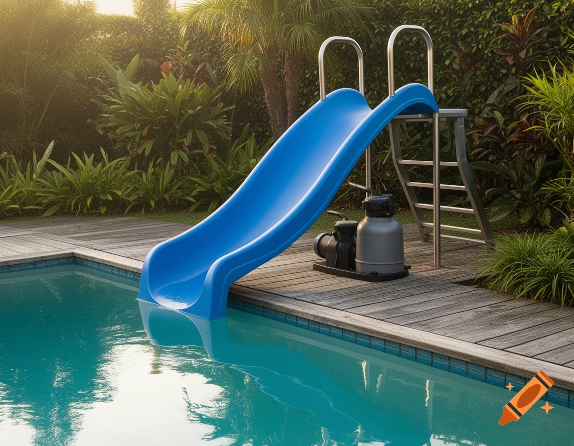 A blue pool slide descends into a sparkling swimming pool, surrounded by a wooden deck and lush green foliage.