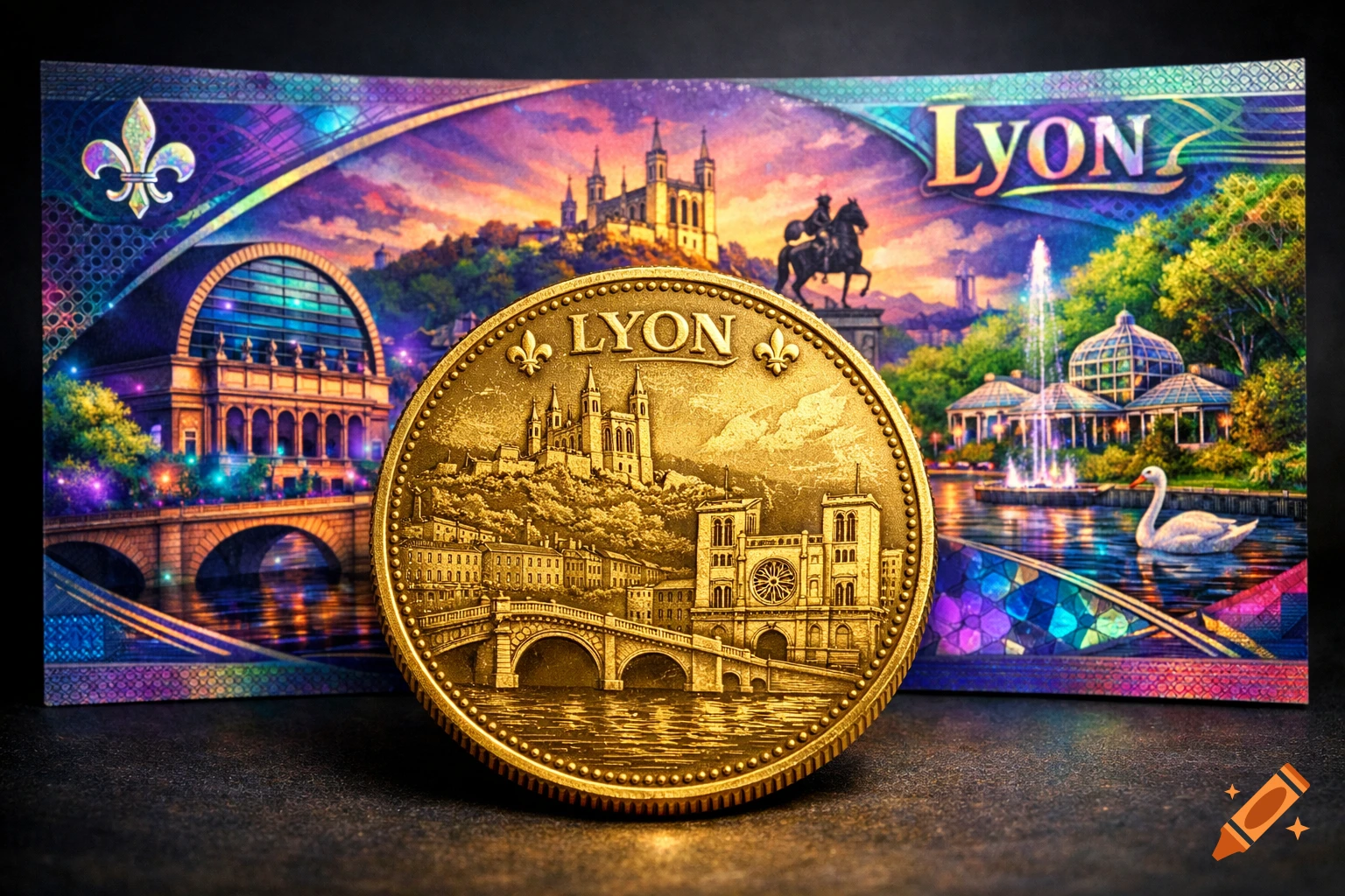 A gold coin featuring Lyon's cityscape and 'LYON' text, in front of a vibrant banknote with Lyon landmarks and a swan.