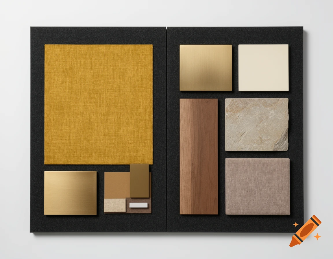 Interior design material board with mustard yellow fabric, brushed brass, wood, stone, cream, and taupe textile samples arranged on a black foam board.