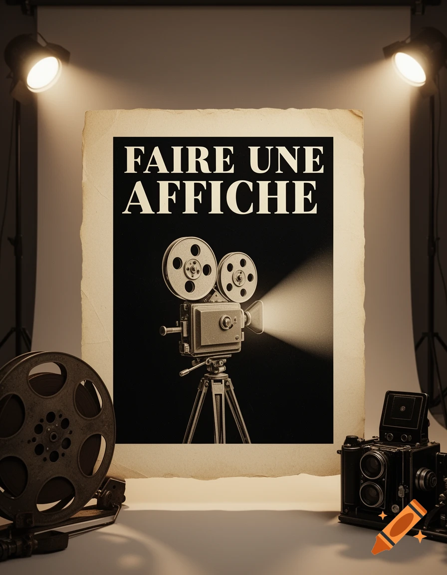 A vintage film camera on a tripod projects light onto a poster displaying "FAIRE UNE AFFICHE", surrounded by film reels and spotlights in a studio setting.