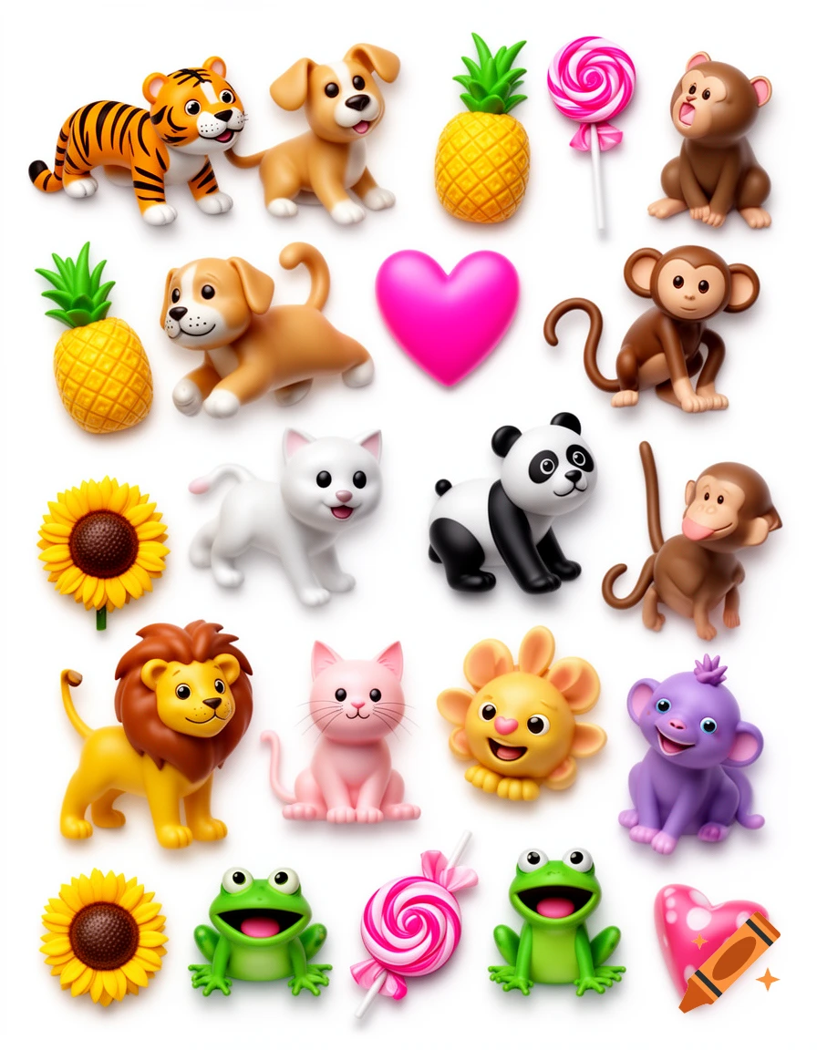 A cheerful collection of 3D toy-like animals like tigers, dogs, monkeys, cats, pandas, lions, and frogs, alongside pineapples, lollipops, hearts, and sunflowers on white.