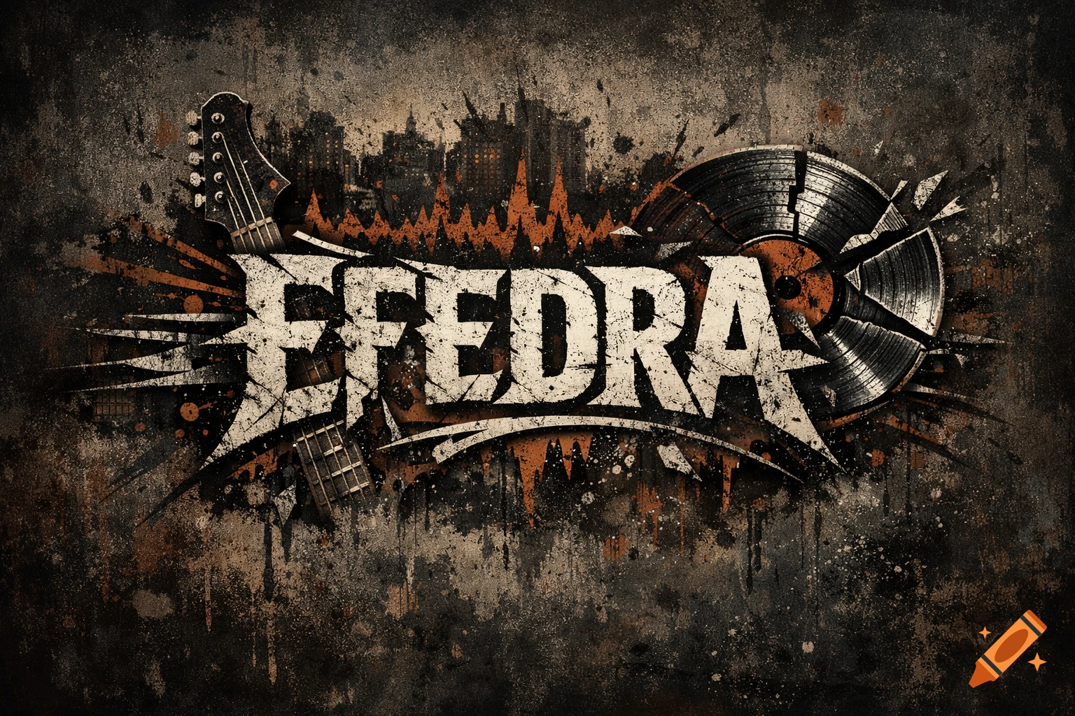 A grunge-style logo for 'EFEDRA' with a guitar neck, cityscape silhouette, and a broken vinyl record on a distressed background.