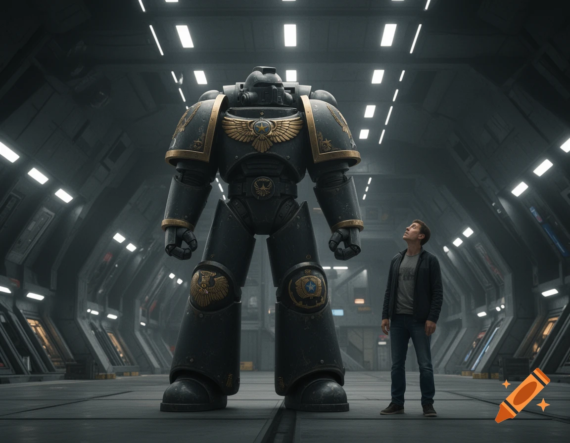 A giant armored Space Marine stands next to a normal-sized man in a dark, futuristic spaceship corridor.