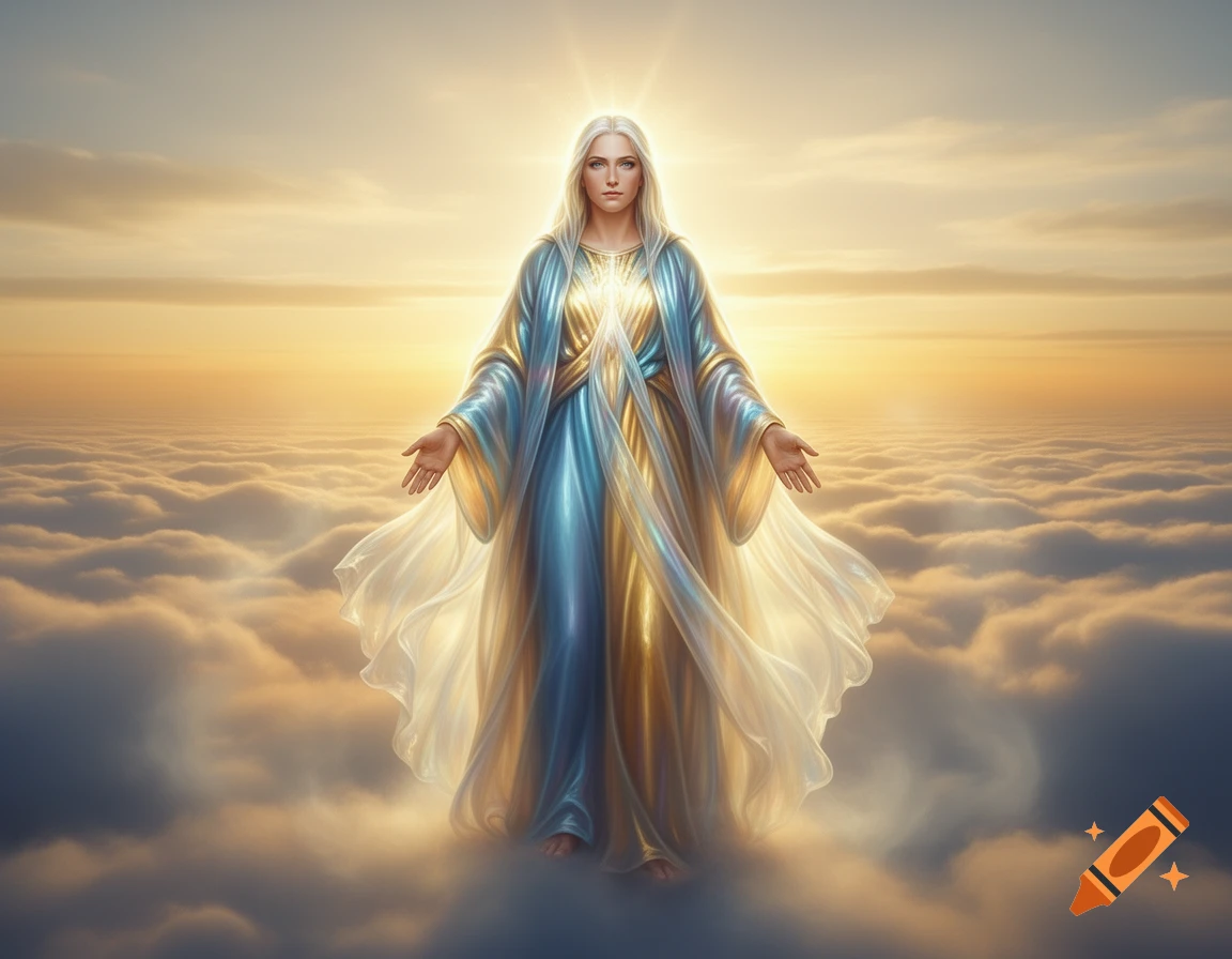 A divine figure with long blonde hair and flowing blue and gold robes stands with open arms above clouds, bathed in golden light.