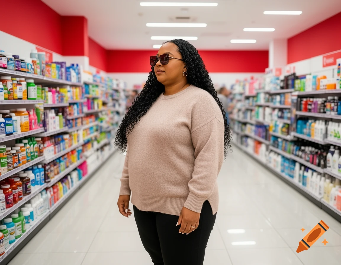 A heavyset woman with long, black curly hair and sunglasses stands in a brightly lit drugstore aisle, looking to the right.