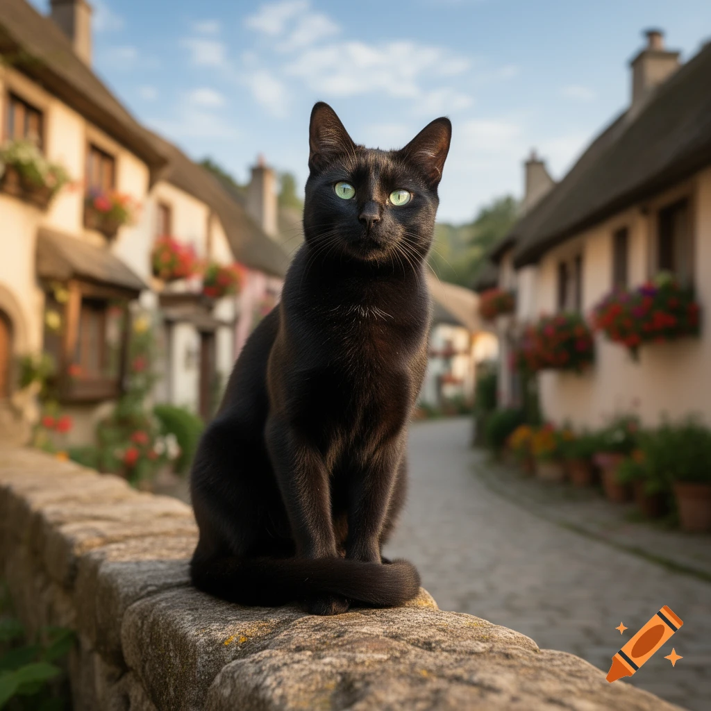 A photorealistic black cat with bright green eyes sits on a stone wall ...