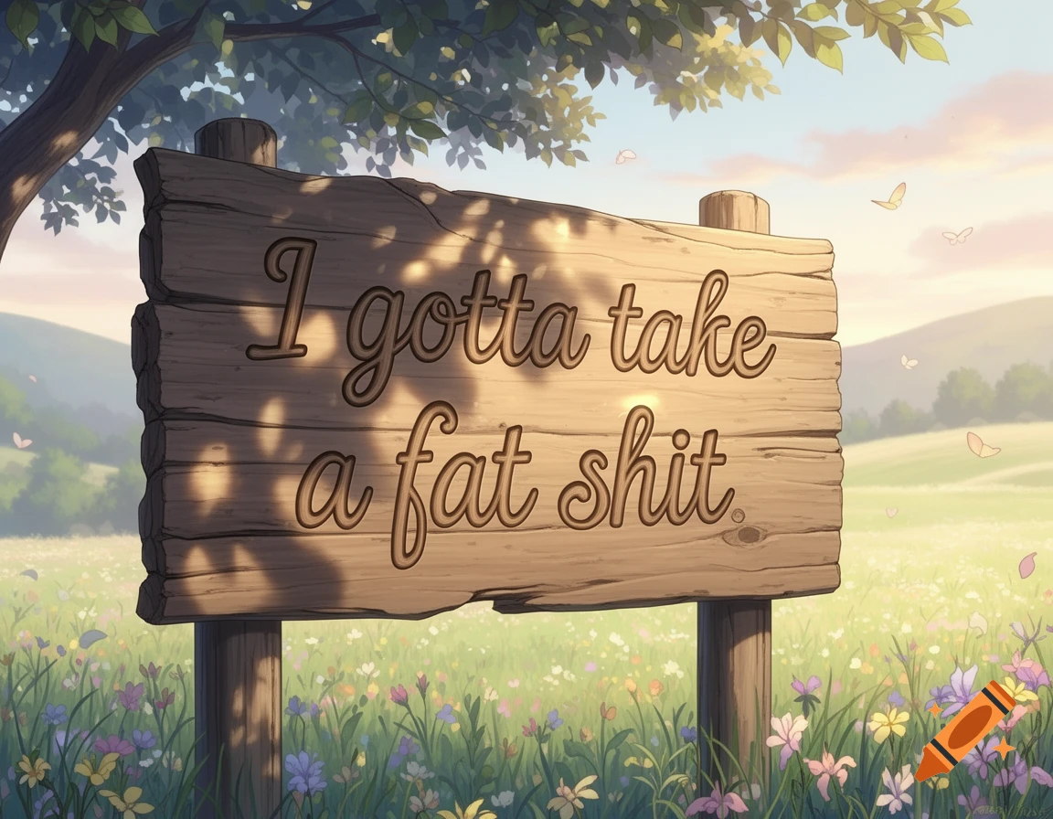 A rustic wooden sign in a sunny field of wildflowers, with a large tree shading part of the sign. Mountains are in the background.