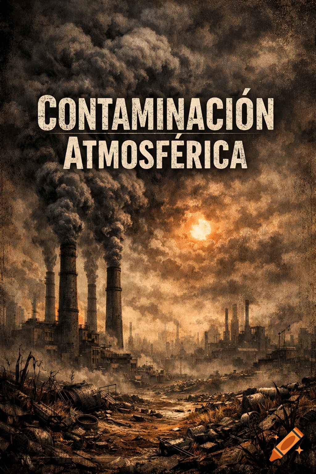 Gritty illustration of industrial pollution, factory smokestacks, a ruined city, and trash under a dark orange sky. Text 'CONTAMINACIÓN ATMOSFÉRICA'.