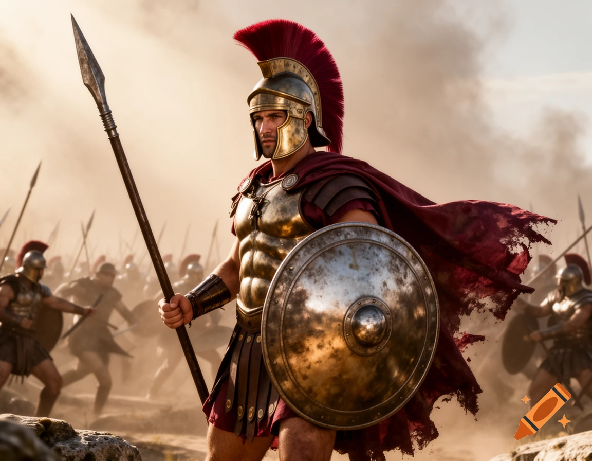 A formidable photorealistic Spartan warrior in gold armor, red cape, and helmet holds a spear and shield on a dusty battlefield.
