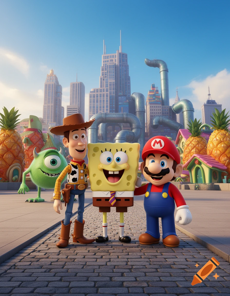Woody, Spongebob, Mario, and Mike Wazowski stand on a cobblestone street in a vibrant animated city.