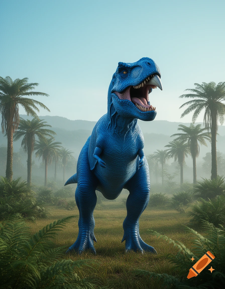 A photorealistic blue Tyrannosaurus rex with an open mouth and a curved beak stands in a lush green jungle with palm trees.