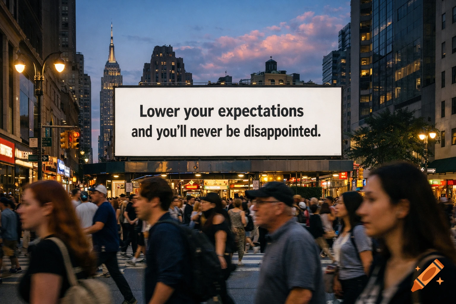A crowded New York City street at dusk with the Empire State Building in the background, featuring a billboard that reads "Lower your expectations and you'll never be disappointed".