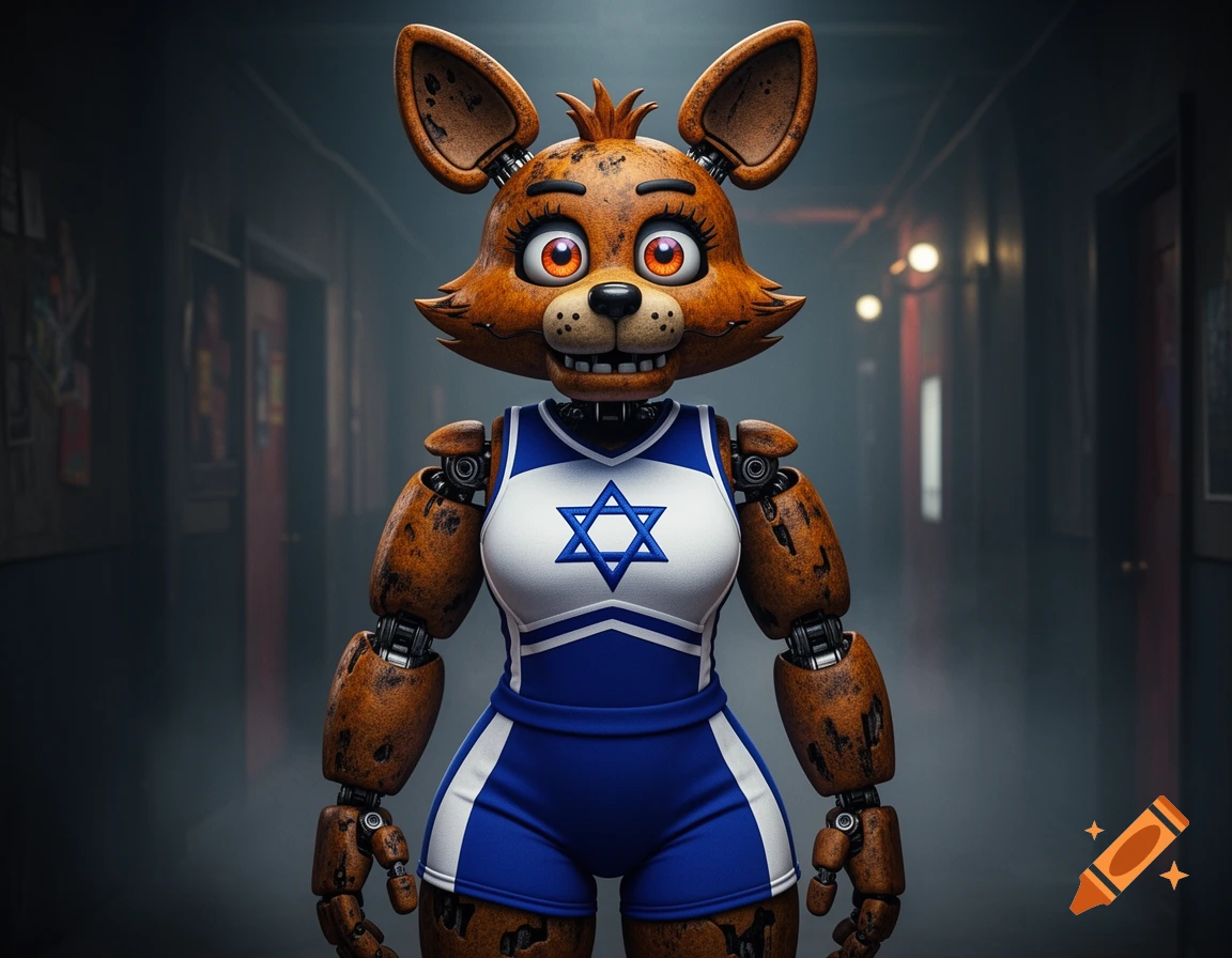A FNaF 1 style fox animatronic in a blue and white cheerleading uniform with a Star of David on the chest, standing in a dark hallway.