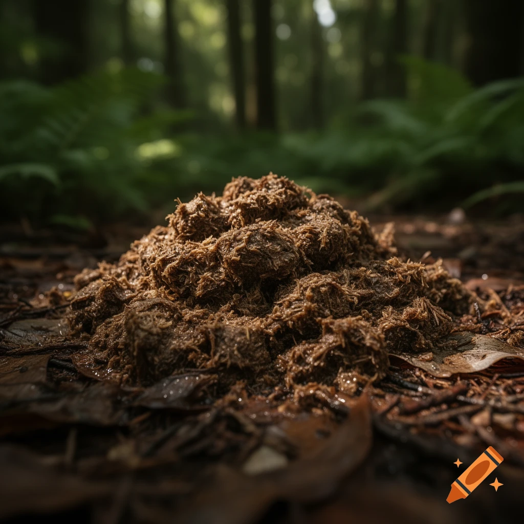 A close-up, low-angle photorealistic shot of a pile of brown, fibrous organic matter or animal dung on the forest floor, surrounded by fallen leaves and twigs, with a blurred green forest background.