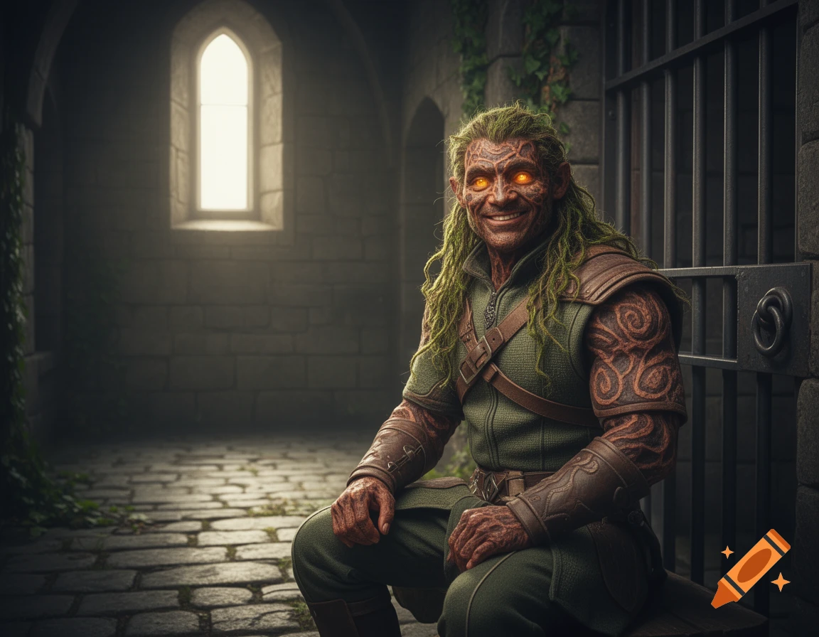 Smiling fantasy prison guard with glowing orange eyes and green dreadlocks in a dark stone cell, wearing green and leather armor.
