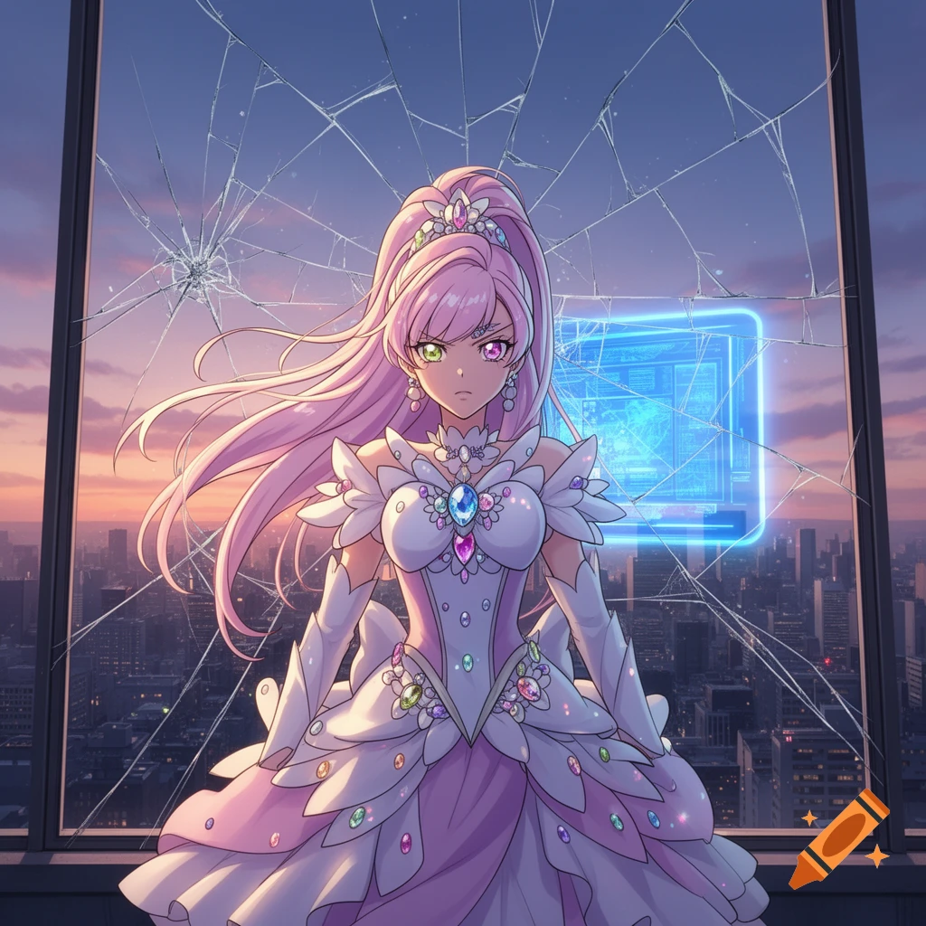 Anime magical girl with pink hair and a jeweled dress, standing before a broken window with a glowing blue screen, overlooking a cityscape.