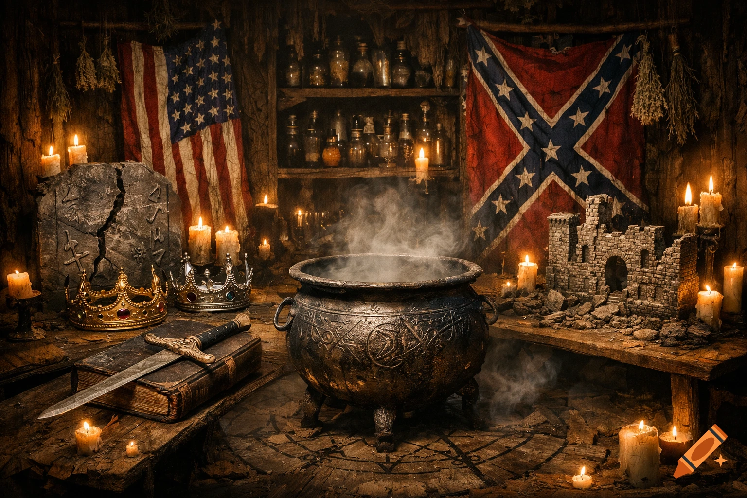 A dark fantasy art image of a witch's hut interior with a smoking cauldron, candles, American and Confederate flags, crowns, a sword, and potion bottles.