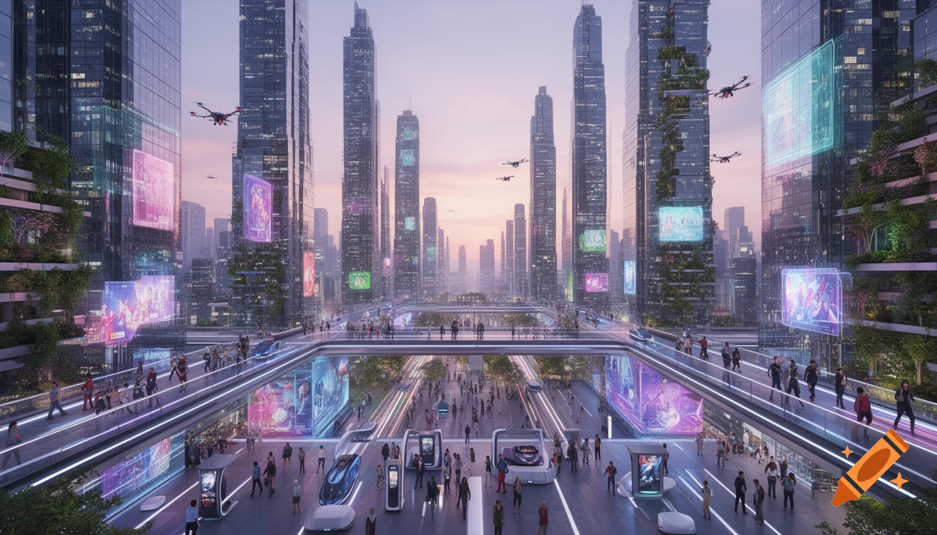 A vibrant futuristic city with tall skyscrapers adorned with digital ...