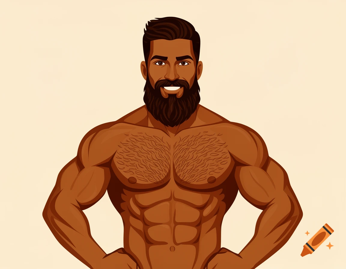 Muscular, hairy-chested, bearded man smiling, bold vector illustration.