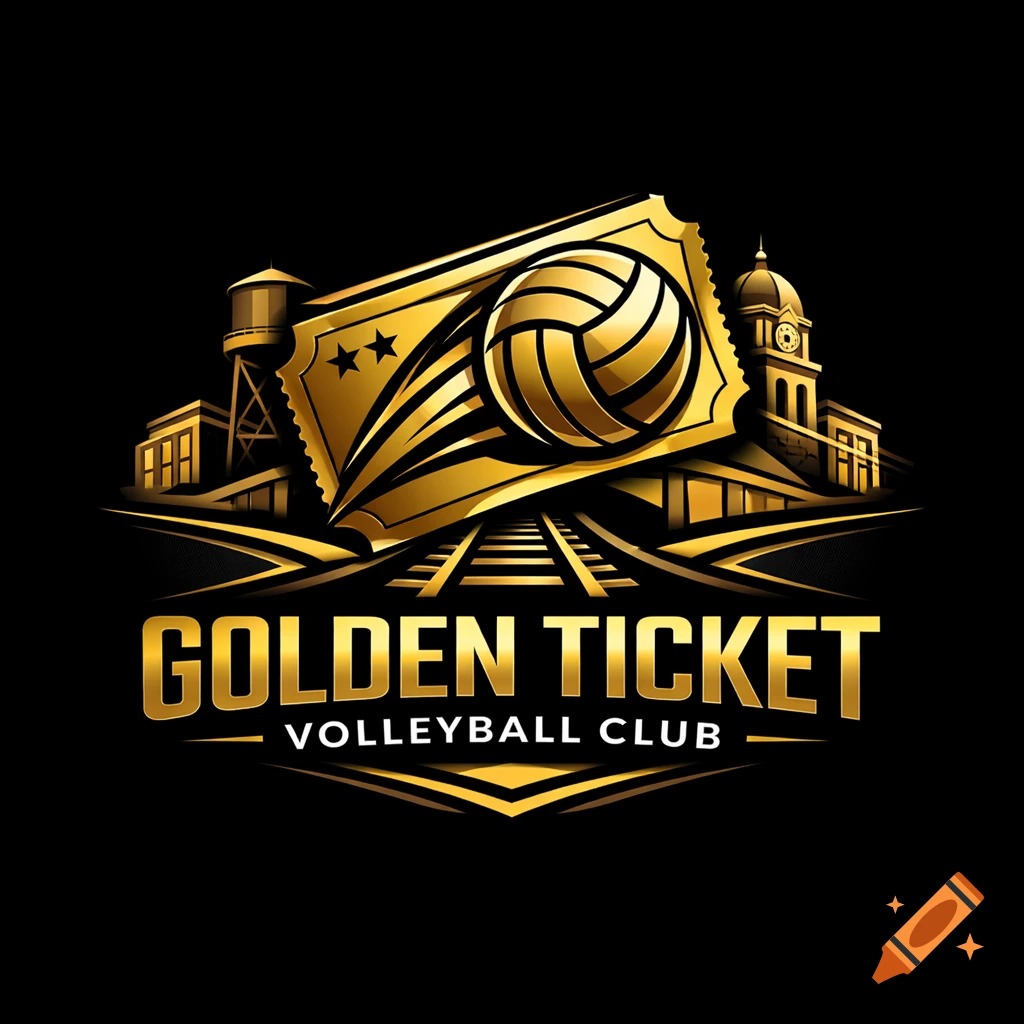 A golden logo for Golden Ticket Volleyball Club, featuring a ticket, volleyball, and city skyline with railroad tracks.