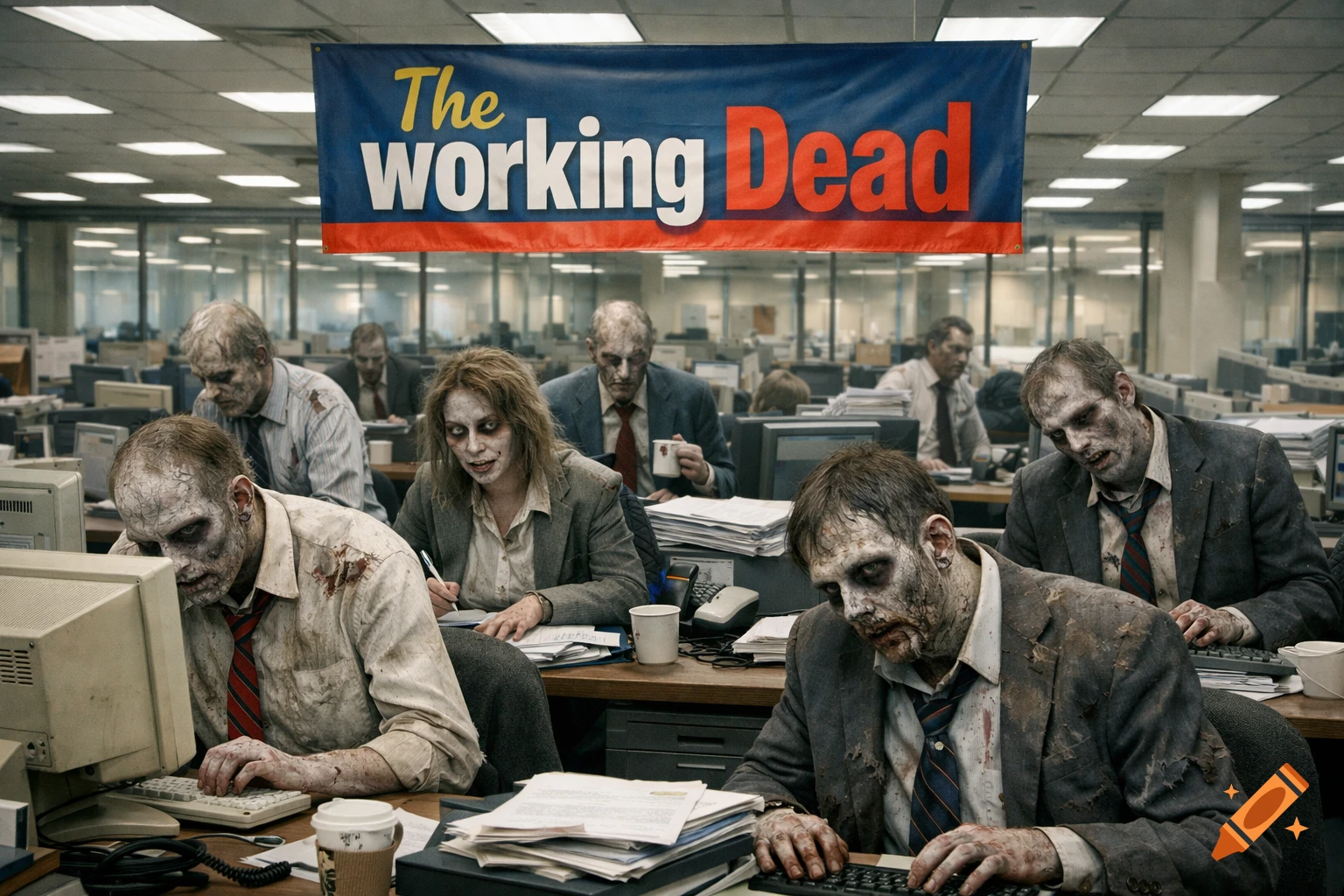 Photorealistic image of zombies in an office, dressed in business casual clothes, working at computers under a banner that reads 'The working Dead'.