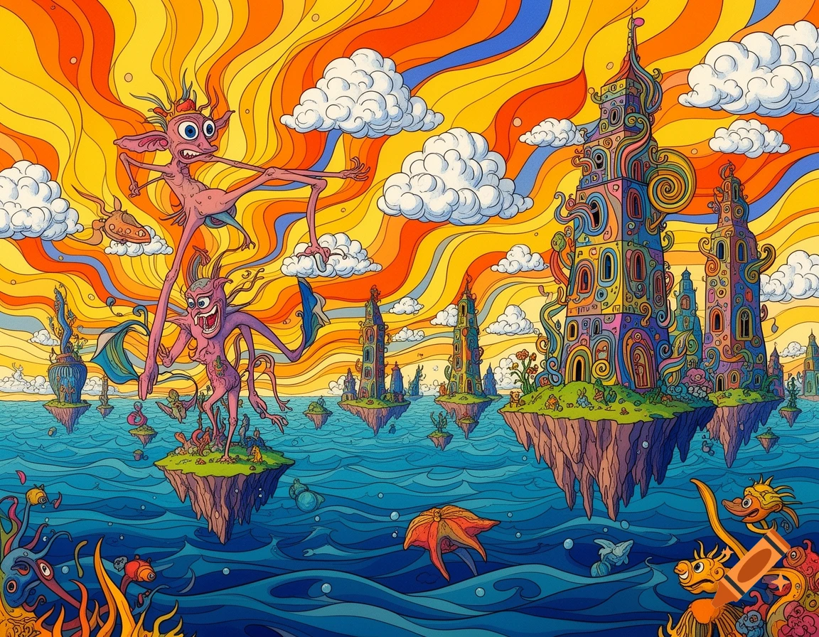 Vibrant, psychedelic fantasy art with grotesque creatures on floating islands above a swirling ocean, intricate buildings, and a wavy, colorful sky.
