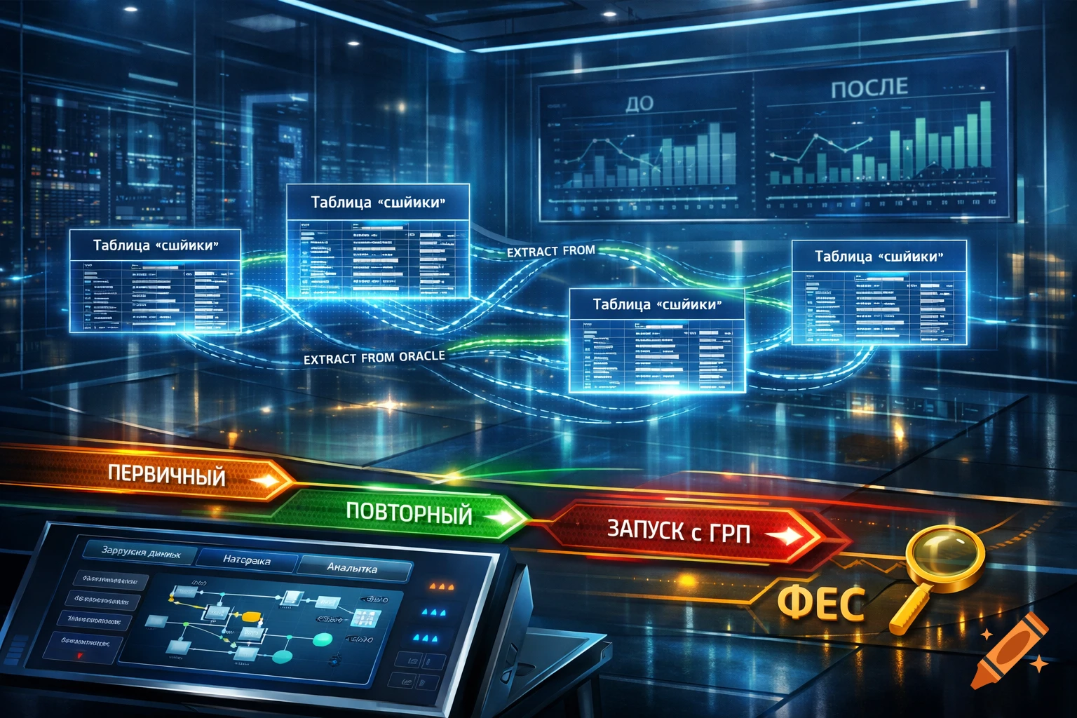 Futuristic server room with holographic data analysis interfaces, screens showing graphs and tables, and control panels with Russian text.