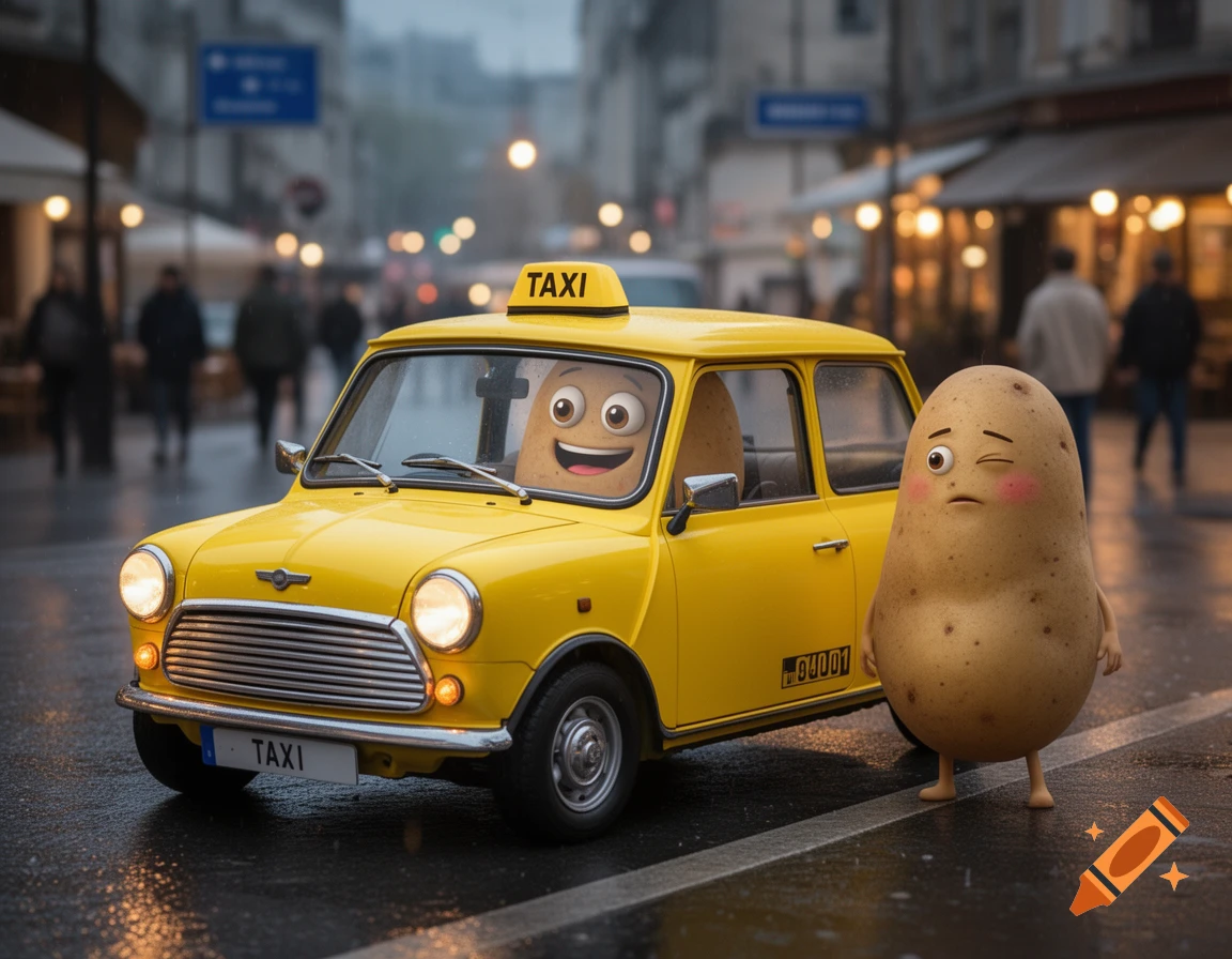 A smiling potato driving a yellow taxi picks up a tipsy potato on a wet city street. Photorealistic style.