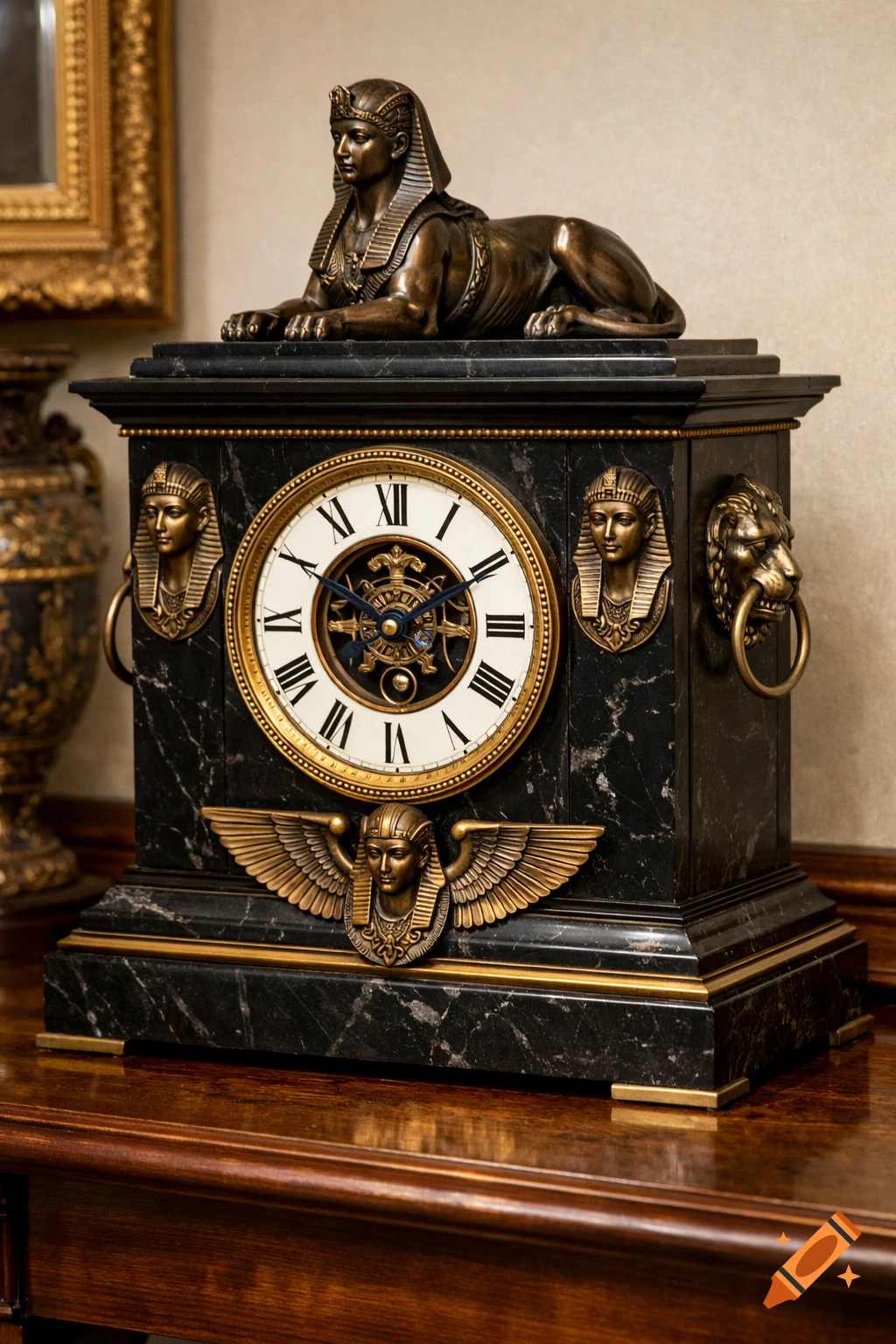 An ornate 19th-century French black marble Egyptian revival mantle clock with bronze sphinx, pharaohs, and lion head mounts.