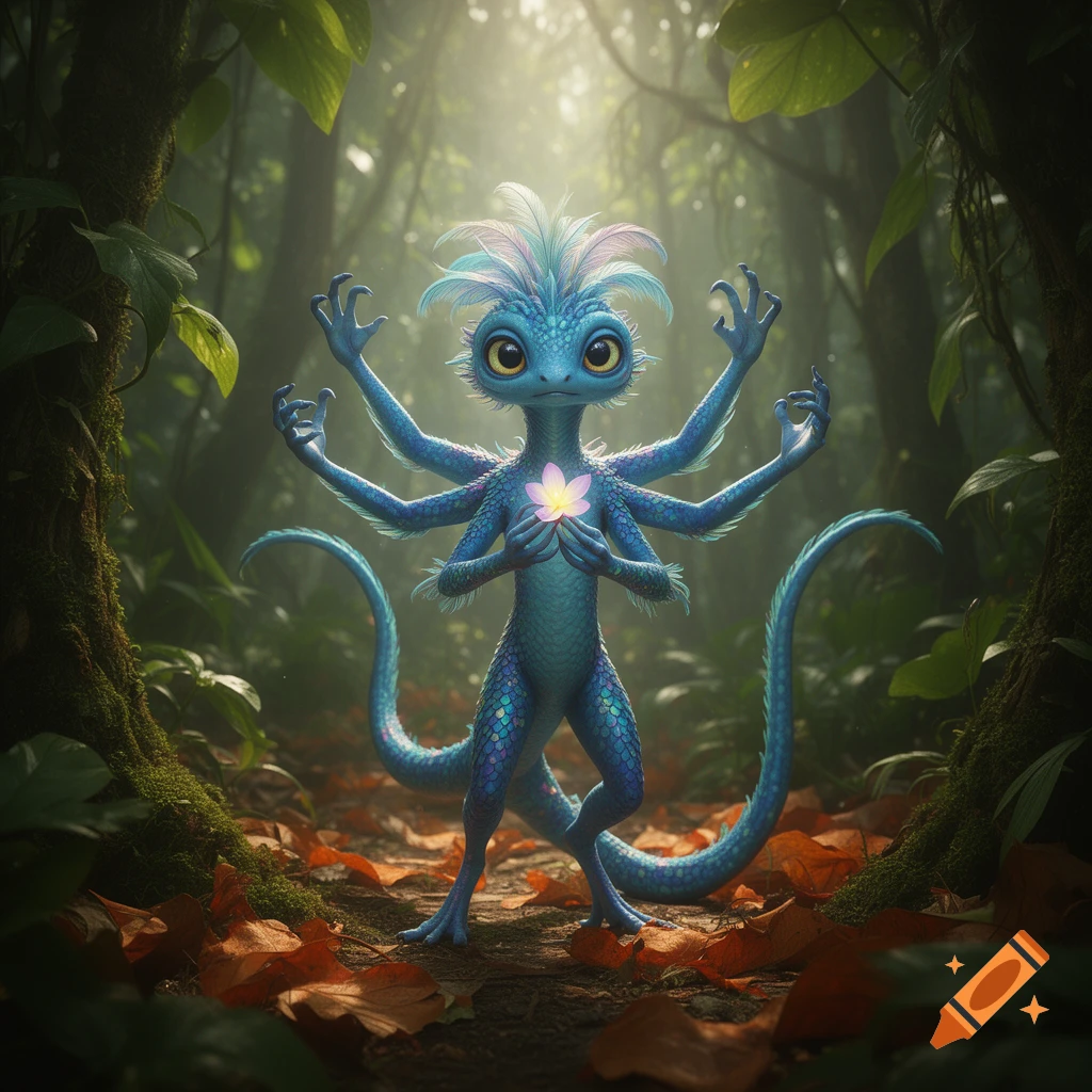 A cute blue skittermander creature with six arms and two tails stands in a mystical jungle, holding a glowing pink flower.